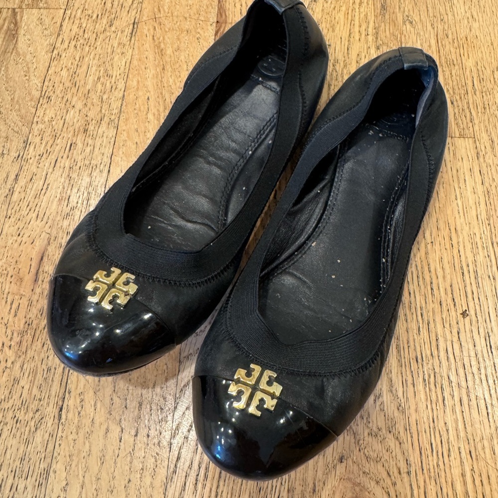 Tory Burch Black Flats with Gold Logo